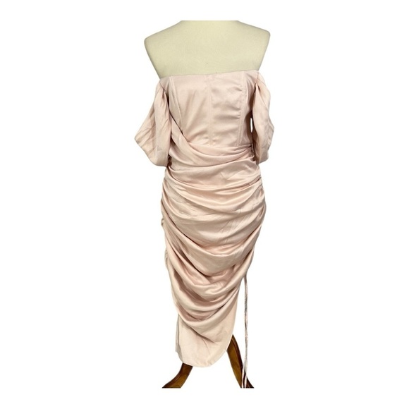 ASOS pink ruched bodycon dress off shoulder cocktail party midi dress baddie - Picture 4 of 13